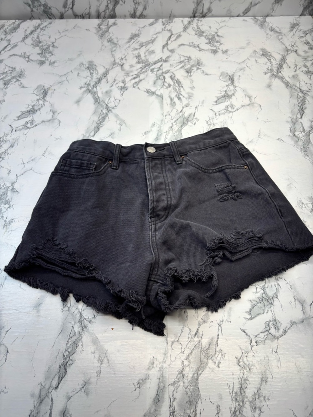 PacSun Black High-Waist Faded Distressed Denim Shorts Button Fly Size 25
